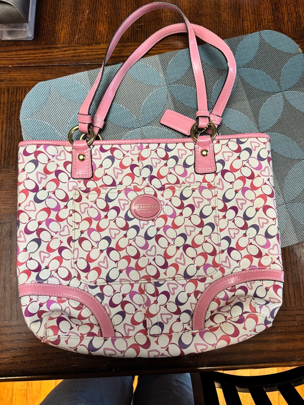 Coach Pink heart Signature Canvas Tote Bag